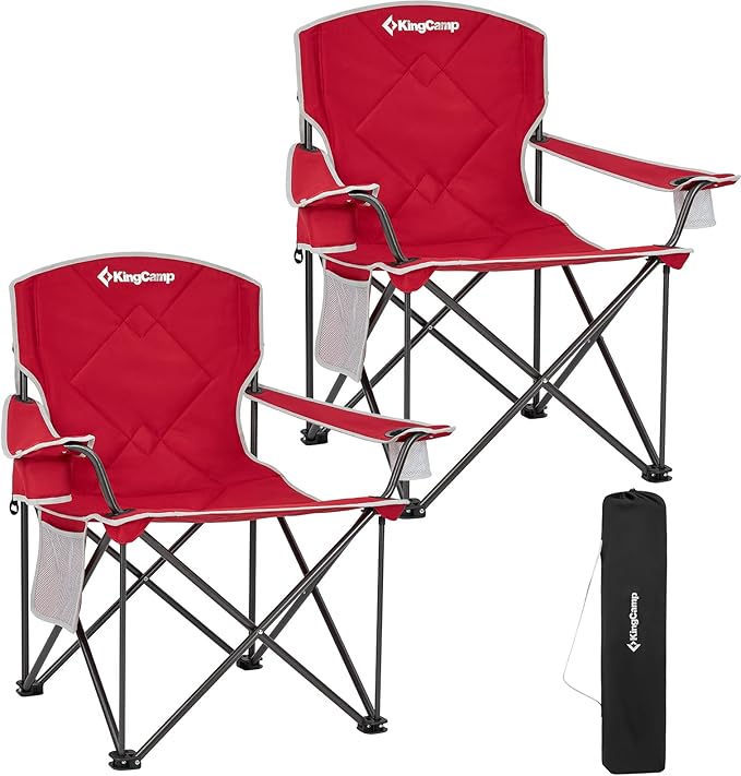 KingCamp Portable Folding Camping Quad Chair Oversized Fully Cushioned Seat with Side Pocket and Cup Holder for Tailgates Beach Lawn