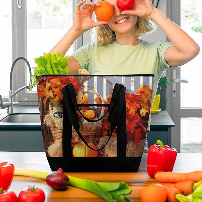 Insulated Shopping BagLarge Reusable Cooler Bags Autumn Thanksgiving Printed Foldable Shopping BagTravel Waterproof Shoulder Bag
