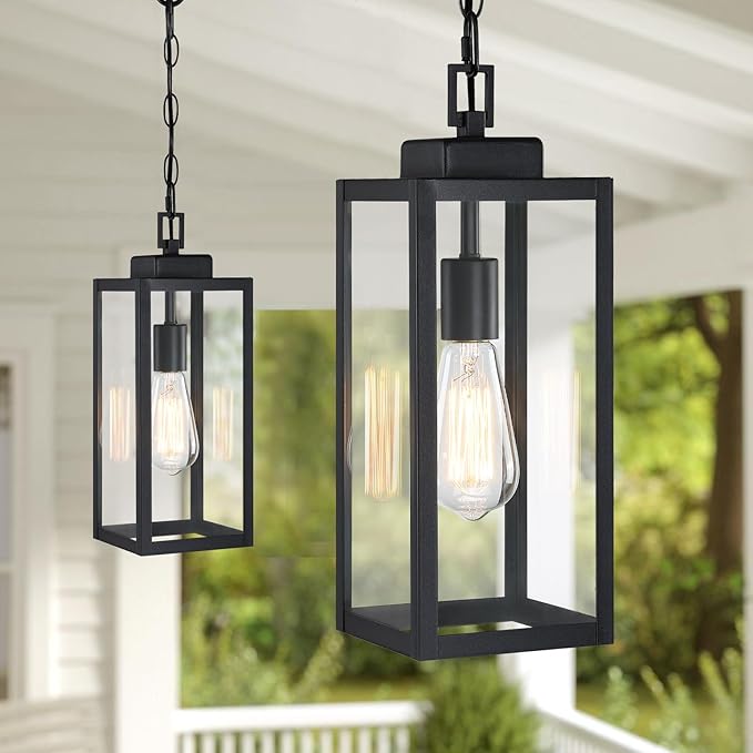 2 Packs 15'' Large Outdoor Pendant Light Modern Outside Chandelier Outdoor Hanging Lantern Light Matte Black with Clear Glass Exterior Pendant Lighting Fixture Ceiling Mount for Porch Gazebo