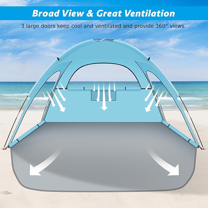 Beach Tent Sun Shelter Beach Shade Tent with UPF 50+ UV Protection for 2-3 Person Portable &amp Easy Setup Cabana Beach Tent 3 Roll Up Doors &amp 8mm Fiberglass Rods Carry Bag Included