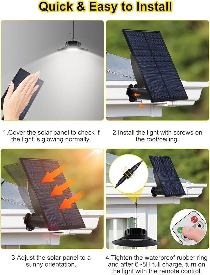 T-SUN Solar Pendant Light Outdoor 4 Pack Solar Shed Lights Indoor with Remote Control IP65 Waterproof Shop Light 3000K/4000K/6000K Perfect for Barn Chicken Coop Garage Courtyard Balcony
