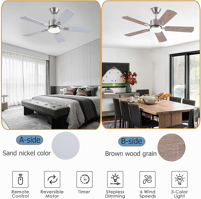 42 inch Modern Ceiling Fans with Lights APP/Remote Control Low Profile Reversible 6 Speeds Dimmable Ceiling Fan Light for Indoor/Outdoor Bedroom Living Room（Nickel）