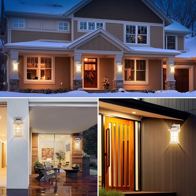 2 Packs White Motion Sensor Outdoor Lights - Advanced Dusk to Dawn Outdoor Lighting Waterproof Exterior Light Wall Mount Fixtures Anti-Rust Porch Outside Lights Wall Sconce for House Garage Square