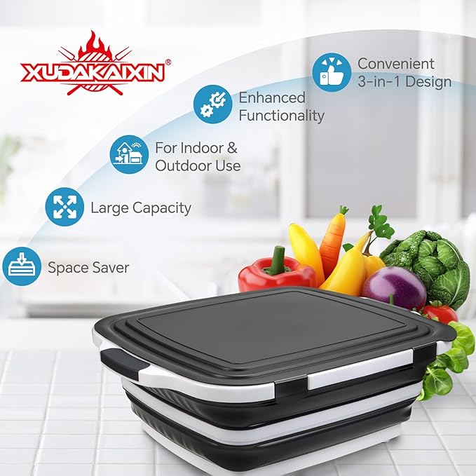 Collapsible BBQ Prep Tub for Meal Prep MarinatingFood Storage picnics camping barbecuescutting fruits and vegetables - Includes Cutting Board and Locking Lid(X-Large) Black