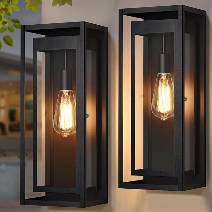 19 Outdoor Wall Lights 2 Pack Large Size Matte Black Outdoor Sconce Lights with Clear Glass Shade Waterproof Porch Lighting Exterior Light Fixture for Front Door Garage