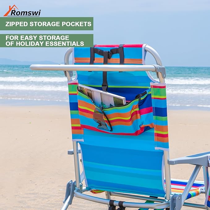 2Pk Aluminum 5-Position Lay Flat Folding Backpack Beach Chairs for Adults with Cooler Bag Cup&ampPhone Holder Towel Bar for Outdoor Lawn Picnic Sport Portable Foldable Camping Chairs Multi Stripe