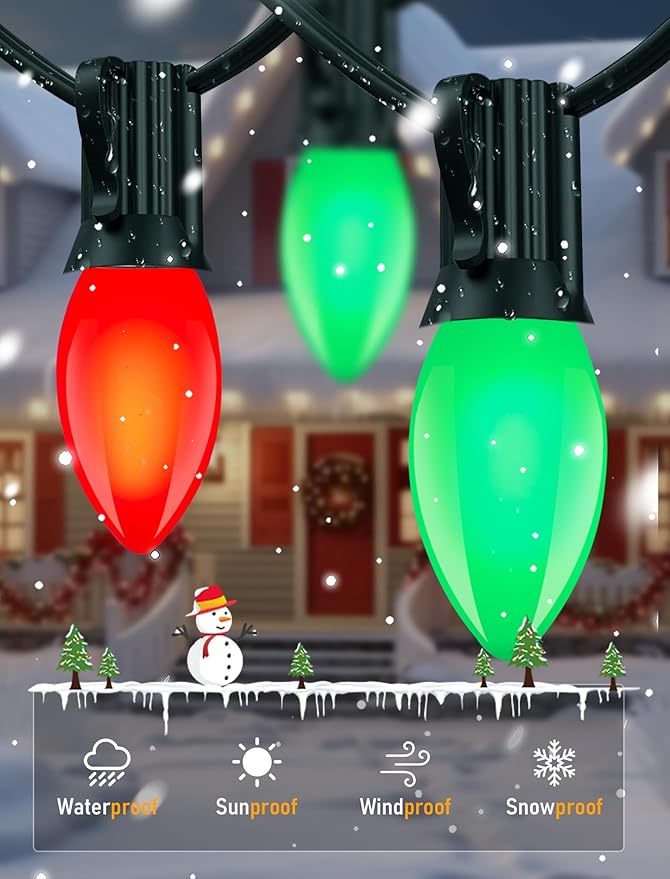 25Ft C9 LED Christmas Lights Outdoor C9 Red and Green Christmas String Lights with 26 LED Shatterproof Bulb Hanging Vintage Christmas Lights for Patio Xmas Tree Roofline Wedding Party Backyard Decor