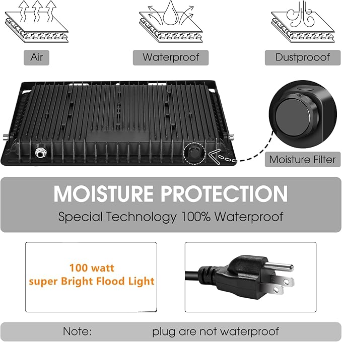 3 Pack 100W Led Flood Lights OutdoorSuper Bright 11600LM Security Lights with PlugExterior IP66 Waterproof 5000K Daylight White FloodLight for Basketball Court Yard Garden Playground