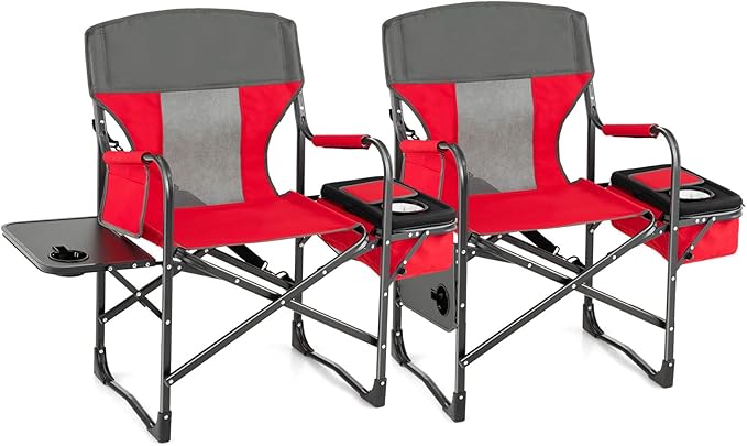 Tangkula Camping Chairs Folding Camp Chair with Side Table Cooler Bag Portable Outside Padded Lawn Chair for Travel Picnic Fishing Heavy Duty Oversized Director Chair for Adults Supports 400lbs