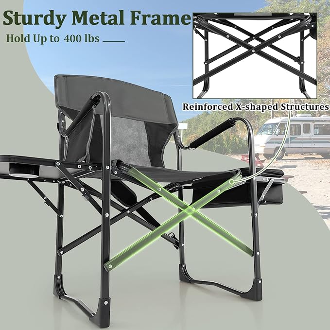 Giantex 2 PCS Camping Chairs Folding Directors Chair with Side Table Pocket Cooler Bag Shoulder Strap Handle Support 400 Lbs Lawn Chair Artist Chair for Makeup Fishing Picnic Black