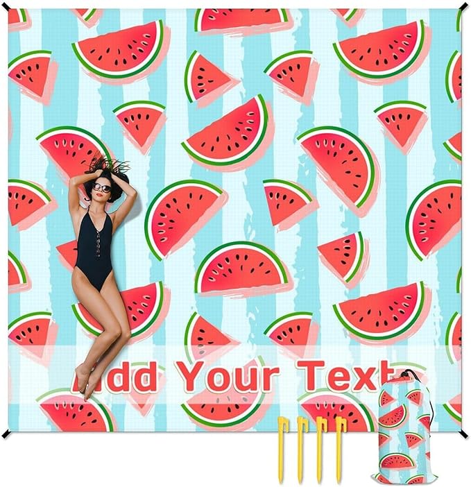 Personalized Beach Blanket Waterproof Sandproof 118x110 Inches Custom Oversized Watermelon Beach Mat for 6-8 Adults Lightweight Picnic Blanket with 4 Corner Pockets for Outdoor Travel Camping