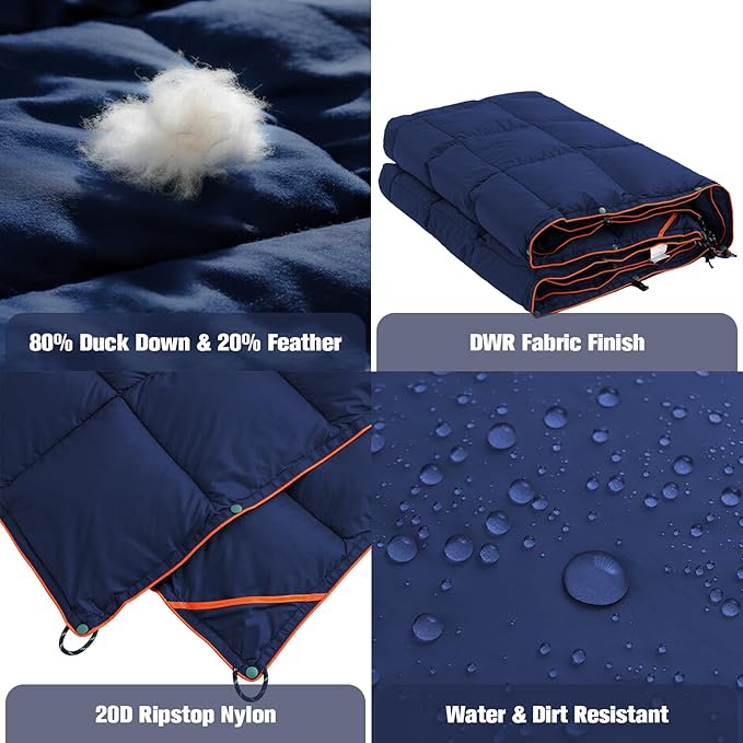 Down Camping Blanket - Lightweight Packable Warm Puffy Travel Quilt with Footbox 650 Fill Power Waterproof Outdoor Blankets for Hiking Travel Down Quilt Navy Blue 1lb 1oz / 77''*52''