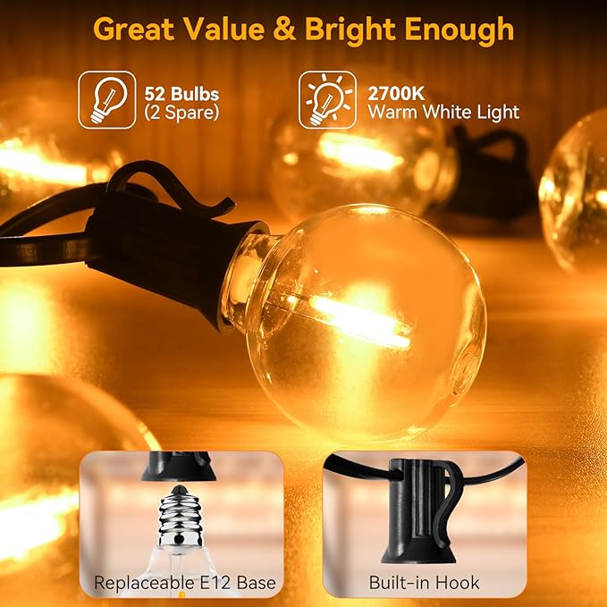 100ft Outdoor String Lights Waterproof/Connectable/Dimmable with 52 LED Shatterproof Bulbs2-Pack 50ft UL Listed Globe G40 String Lights Outside Lighting for Patio Backyard Cafe Party Wedding Garden