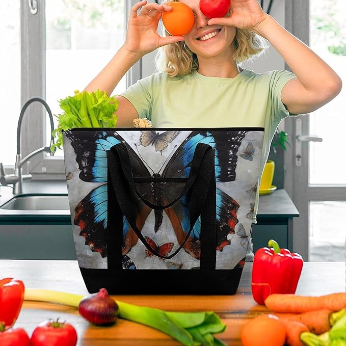 Insulated Shopping BagLarge Reusable Cooler Bags Butterfly Printed Foldable Shopping BagTravel Waterproof Shoulder Bag