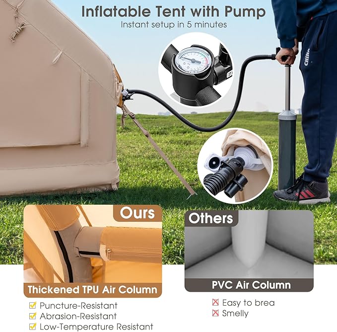 KOTEK Inflatable Camping Tent with Pump Easy Setup Air Glamping Tents for 4-6 Persons Inflatable Cabin Tent with Mesh Windows &amp Doors 4 Season Blow up Tent Portable with Carry Bag