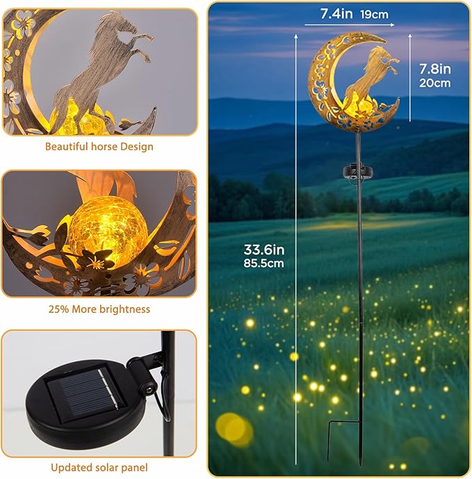 Solar Lights Outdoor Waterproof - Moon &amp Horse Landscape Lighting Weatherproof SolarGarden Stakes with 8-10H Auto On/Off Decorative Pathway Markers for Driveway/Walkway/Equestrian Farms