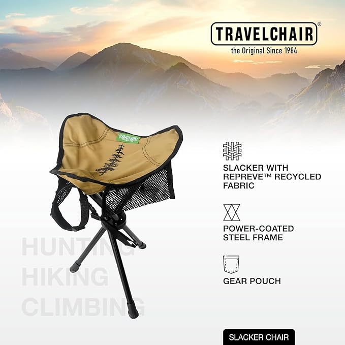 Travel Chair Slacker Tripod Chair for Camping Lightweight Chair Adjustable Carry Strap for Easy Transport Made with Recycled Fabric Perfect for Outdoor Adventures Repreve (Brown/Khaki)