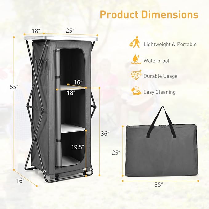 Goplus Folding Camping Storage Cabinet Pop Up Outdoor Camping Kitchen Station with Large 3-Tier Storage Organizer Carry Bag Easy Set Up Portable Compact Camping Table for BBQ Picnic Backyard (55'')