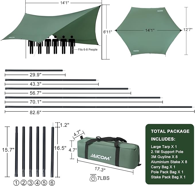Camping Tarp 14 X 12FT Tarp with 2 Poles Waterproof &amp Lightweight Tent Tarp Car Awning UV UPF50+ Rain Fly Sun Shelter Can Used with Hammock in Outdoor Garden and Backpacking