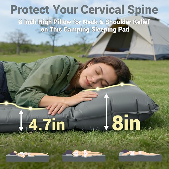 Inflatable Camping Sleeping Pad with 8 in Pillow Thick 4.7 Inch Ultralight Camping Pad with Built-in Pump Compact Self Inflating Sleeping Pad for Backpacking Hiking Travel Tent
