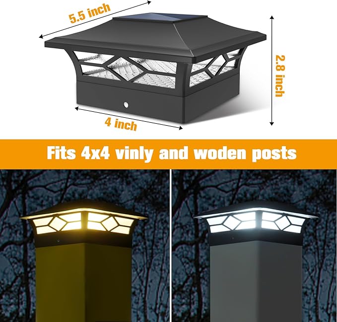 Solar Post Cap Lights Outdoor 4pack Waterproof Solar Powered Deck Fence Post Lights for 4x4 Wood/Vinyl Posts Solar Outdoor LED Light with Cool/Warm Lighting Decorate Garden Patio Porch…