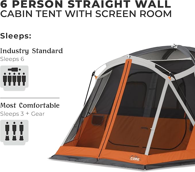 CORE Tent for Family Camping | 4 Person &amp 6 Person Portable Camp Tent with Carry Bag for Outdoor Car Camping | Included Gear Loft Organizer for Camp Accessories