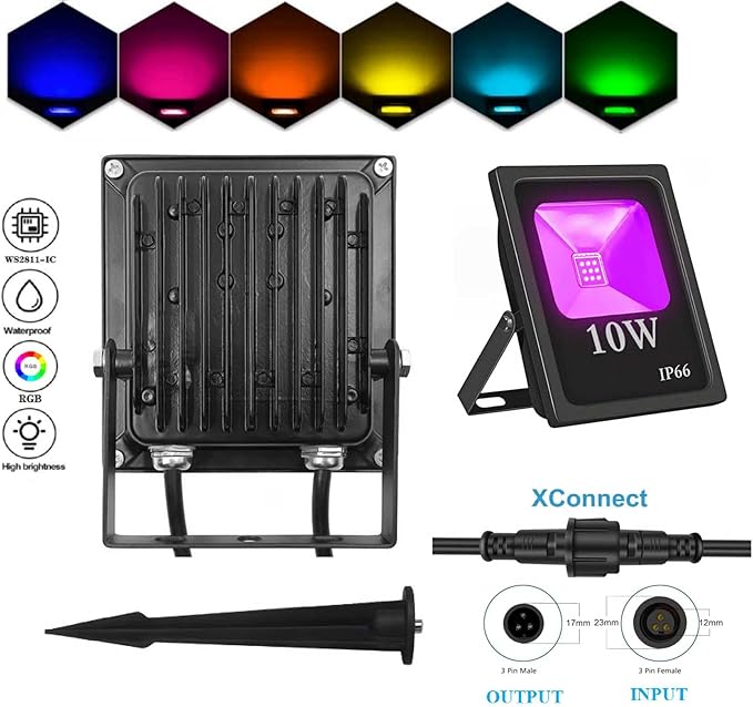 LED Flood LightsWS2811 Pixel RGB Flood Light 10W-RGB addressable Pixel floodlight DC12-24V Input IP65 for Outdoor Decorative/Garden/Stage Lighting/Christmas Party (1PCS-WS2811-10W-B)