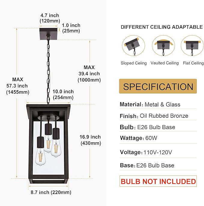 TODOLUZ 3-Light Large Outdoor Pendant Light Fixtures with Height Adjustable Porch Hanging Lighting E26 Bulb Base in Oil Rubbed Bronze Exterior Ceiling Lamp for Entrance Patio Garden