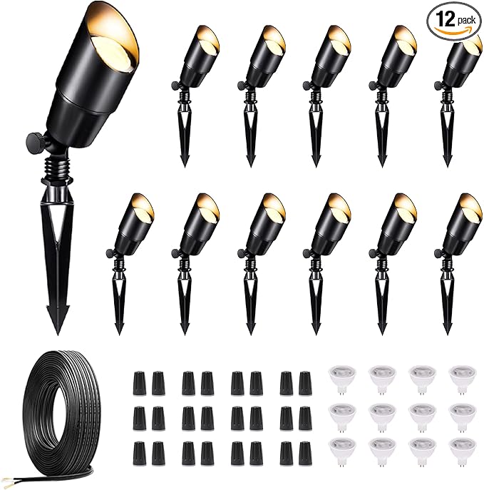 Black Outdoor LED Landscape Lights Kit with 12 Pack 12V Low Voltage Spotlight and 250FT Cable and 40 Wire Connectors Waterproof Aluminum Spotlights for Home Patio Without Transformer