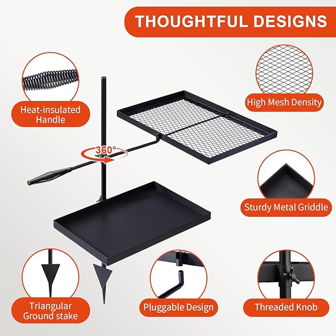 Outvita Swivel Campfire Grill Skillet Combo Portable Heavy Duty Camping Grill Grate with Height Adjustable Grill Grate and Grill Pan and Carry Bag Black