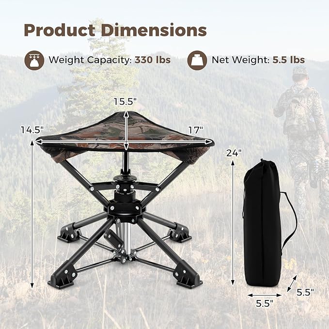 GYMAX 360° Swivel Camping Stool Portable Folding Stool Seat with Carry Bag Collapsible &amp Lightweight for Outdoor Fishing Backpacking Hunting Hiking Travel
