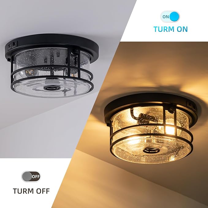 Outdoor Ceiling Light with Motion Sensor Flush Mount Round Porch Light Industrial 2-Light Dusk to Dawn Ceiling Light Fixture with Clear Glass for Entryway Garage Front and Back Yards Black