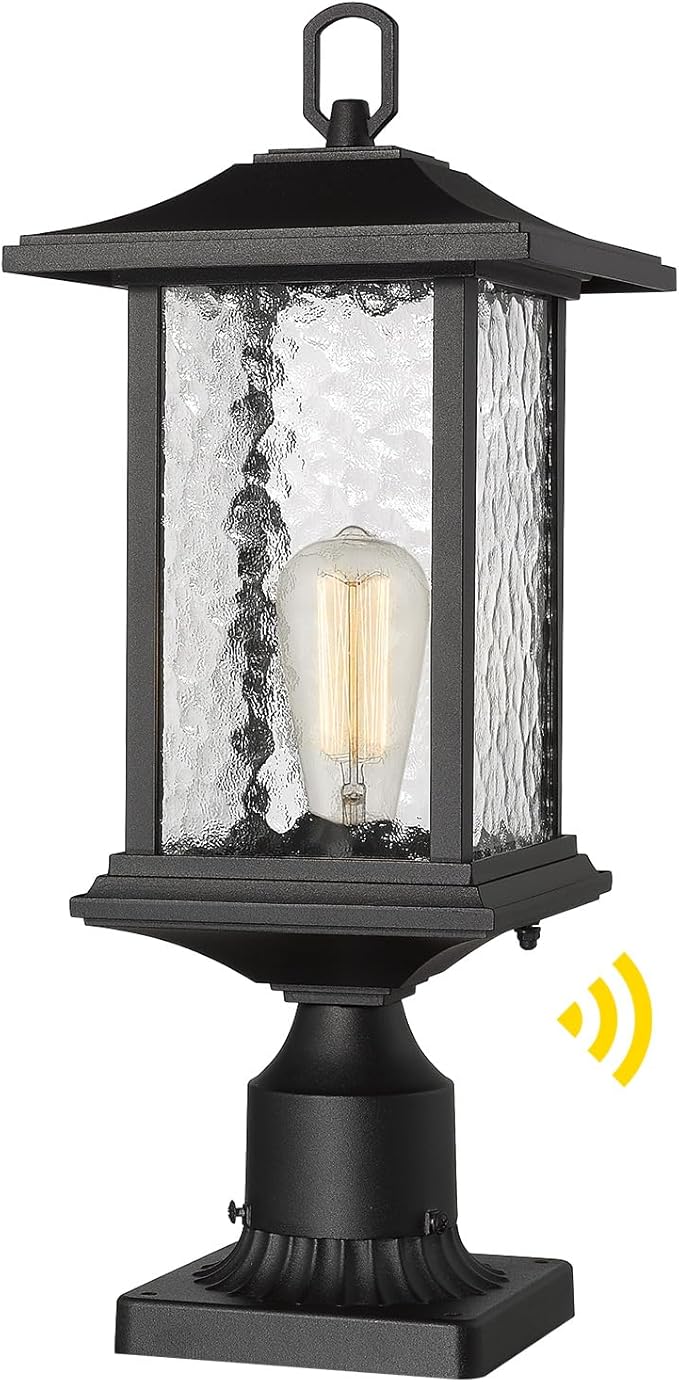 Beionxii Dusk to Dawn Outdoor Post Lights 21inch Large Exterior Lamp Post Light Pier Mount Lantern with Base Black Cast Aluminum w/Water Glass - A272P-1PK (NOT Solar 110-120V AC)