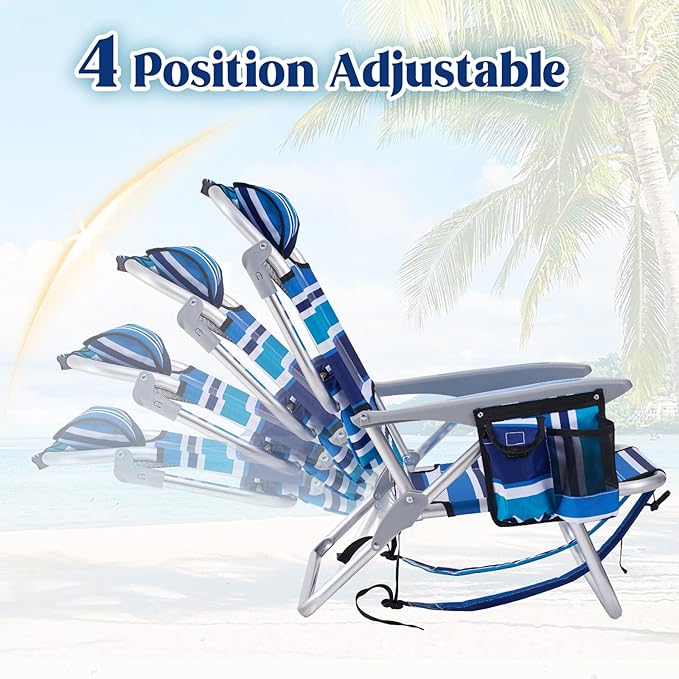 Portable Beach Chair for Adults Outdoor Camping Chair Lay Flat Folding Backpack Beach Reclining Chair with 5 Positions Headrest Zipper Pouch Cup Holder Blue Green