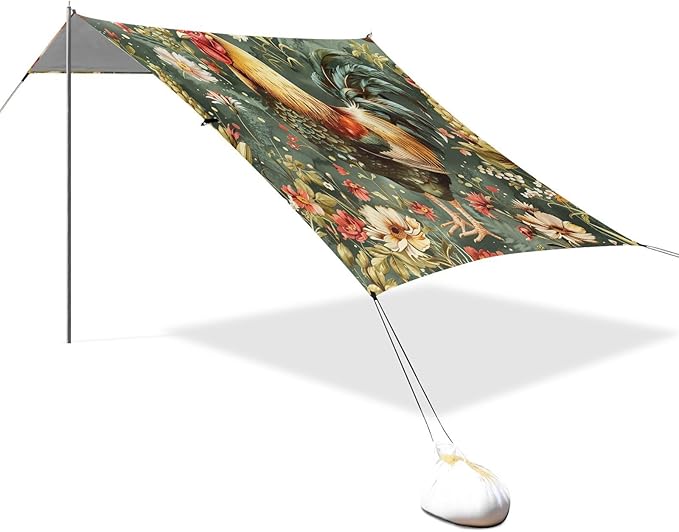Vintage Chicken Beach Tent Sun Shelter 9.2' x 10.5' Beach Canopy with 4 Sandbags 4 Stability Poles Sand Shovels - Tent Canopy for Beach Camping Fishing Picnics