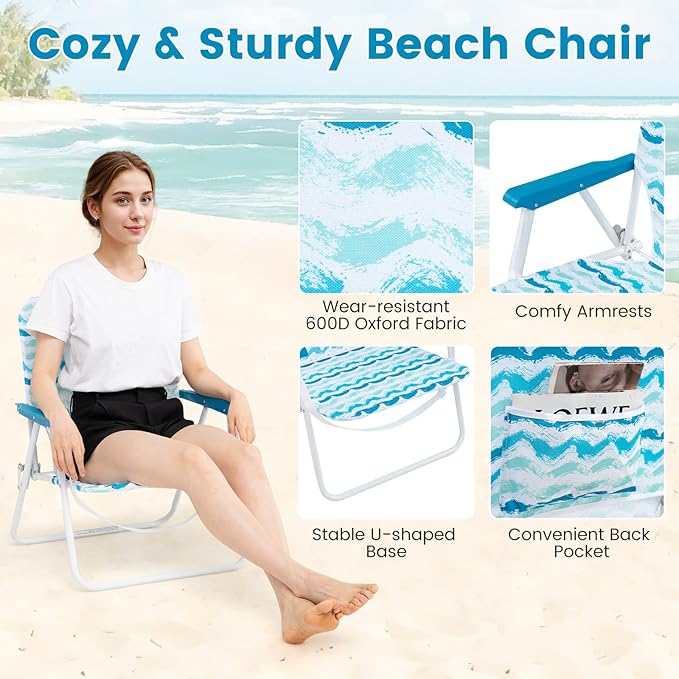 GYMAX Beach Chair with Umbrella Set of 4 Including 2 Folding Chairs Blanket Adjustable Parasol &amp Carry Bag Camping Chairs with Sunshade for Beach Patio Poolside Deck Lawn Picnic