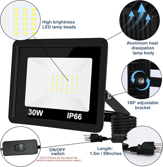 LED Flood Light Outdoor30W LED Work Light with ON/Off Switch Plug in Security Lights IP66 Waterproof 6500K 2Pack Portable Exteriores Floodlights for Yard Garage Stadium Garden Patio