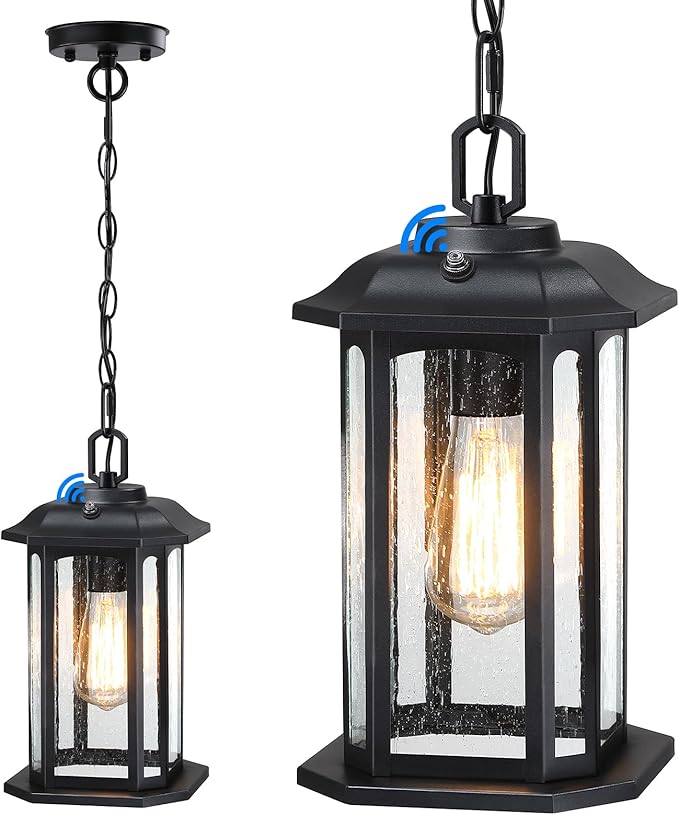 13.4'' Dusk to Dawn Outdoor Pendant Lights for Porch Black Hanging Porch Light with Seeded Glass Waterproof Outdoor Chandelier Farmhouse Ceiling Light Fixture Lanterns 1Pack