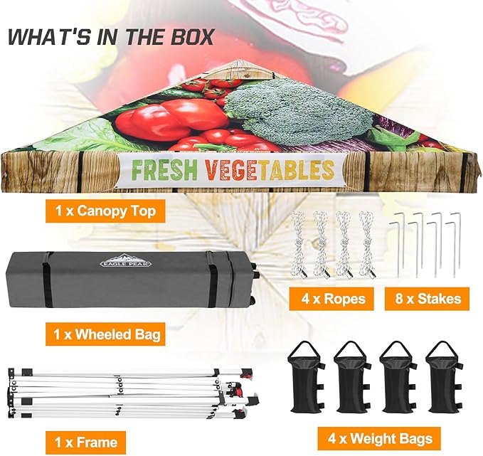 EAGLE PEAK Pop Up Canopy Tent with Wheeled Carry Bag 8 Stakes 4 Ropes 4 Weight Bags Easy Set Up Tent Canopy 10x10 ft 100sqft of Shade Vegetable Stand