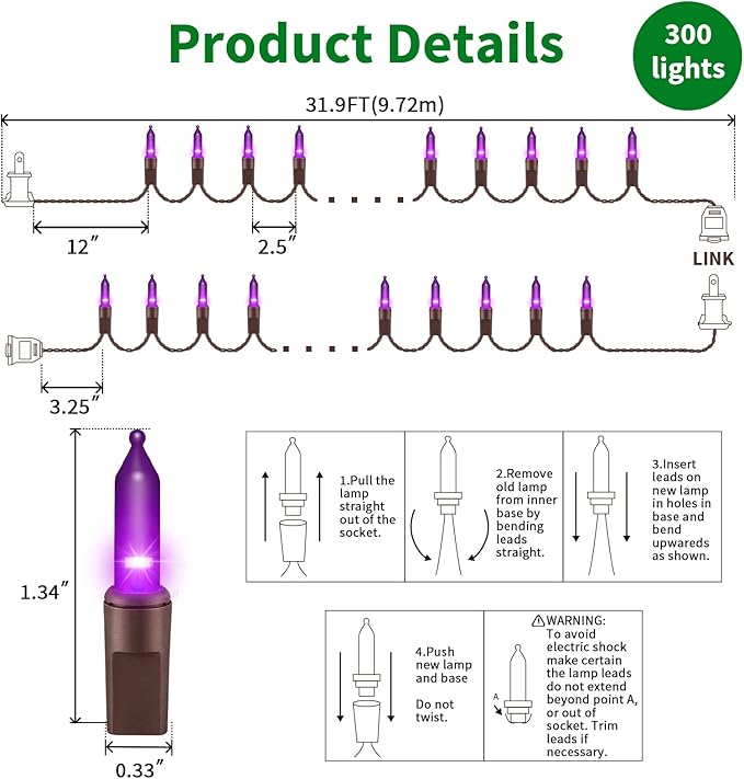 LAMPHOME Purple Christmas String Lights 300 Mini Fairy Lights 63.8ft(2pk of 150L) Set Brown Wire Halloween Holiday Décor for Home Christmas Tree Bedroom Patio Wedding