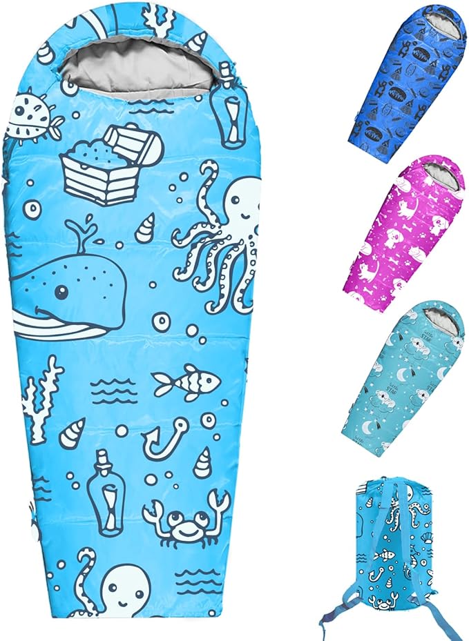 KidzAdventure Mummy Style 32 – 59F Kids Sleeping Bag with Pillow Sleeve 4 Season Lightweight and Backpacking Style Ideal for Camping Sleepover Boys Girls Youth and Toddlers