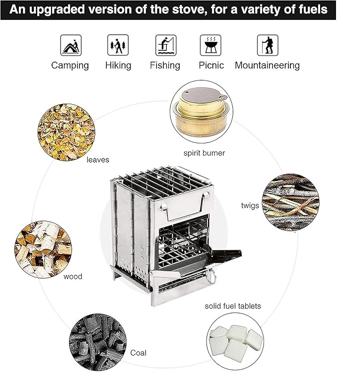 REDCAMP Wood Burning Folding Camp Stove Stainless Steel Grill Portable Collapsible Backpacking Stove Survival Rocket Stove for Hiking Outdoor Tent Camping Picnic BBQ Samll