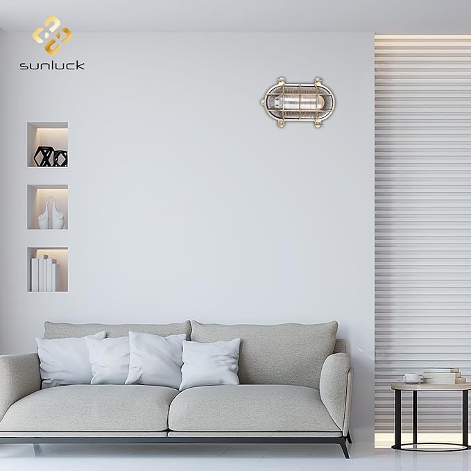 Sunluck Brass Bulkhead LightGrid Oval Nautical Wall LightLampshadeCeiling Mount LightingSauna Light Waterproof IP65Rust Resistantfor Wet Location BathSeasideShipBasementGarage