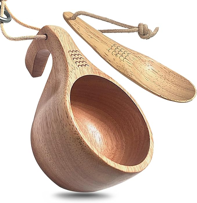 Nordic Kuksa 8oz (225ml) w/spoon Handcrafted Hook-Arch Wooden Camping Cup Set – Bushcraft Gear. Natural hardwood crafted for travel &amp home. Hang-Dry Hook