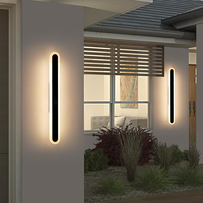2 Pack 31.4inch Modern Exterior Wall Lights 3 CCT 3000K/4500K/6000K Long Oval Outdoor Wall Mount Sconces 31W IP65 Waterproof Minimalist Strip Led Lighting for House Porch Garage Garden