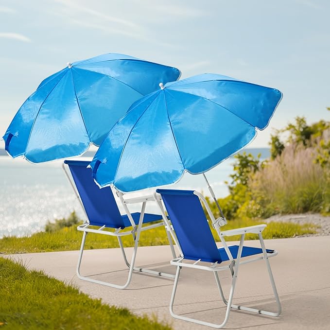 Folding Beach Chair with Umbrella – Portable Lightweight Lounge Chair for Adults with High Back &amp Heavy-Duty Frame UPF Sun Protection for Beach Camping Park Concerts (Blue)