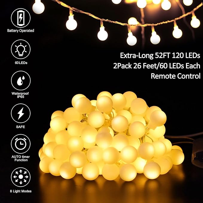 Battery Operated LED Globe String Lights 2-Pack Total 52FT 120LEDs - Each 26FT 60LEDs 8 Mode Waterproof Christmas Fairy String Lights with Remote for Home Bedroom Garden Wedding Party Decoration