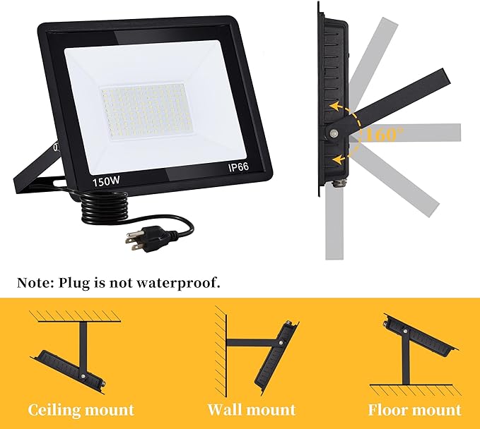 2 Pack 150W LED Flood Lights Outdoor IP66 Waterproof 15000 LM Super Bright Outdoor Security Lights Wired LED Work Light with Plug 6000K Daylight White Floodlights for GarageYardGardenPatio