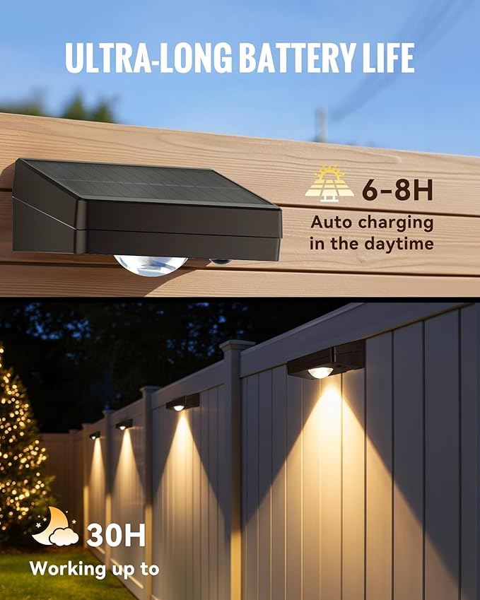 Solar Fence Lights Outdoor Waterproof Fence Light Solar Powered with 3 Modes for Outside Deck Step Yard Stairs Balcony Patio Railing (3000K/4500K/6500K 12 Pack)