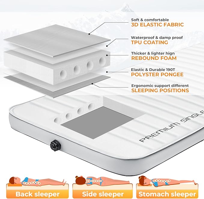 KingCamp PREMIUM SINGLE Self Inflating Sleeping Pad 7.5 R-Value Air &amp Foam Camping Mattress 3 Thick Insulated Sleeping Pad with Pump Sack for Car Camp Tent PVC Free Single Light Grey